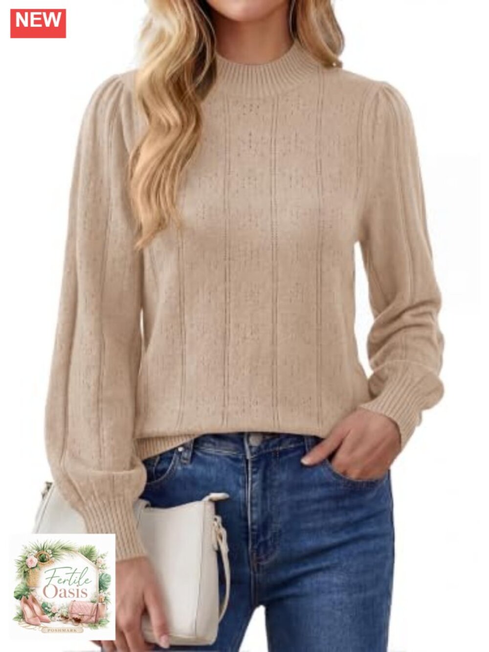 Women's Mock Neck Crochet Pullover Sweater - Puff Lantern Sleeve Hollow Out